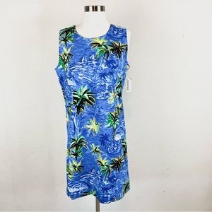 Sleeveless Blue Tropical Print Midi Dress